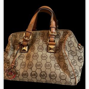 Michael Kors Grayson Signature Canvas Logo Satchel Shoulder Handbag MK Brown Tan